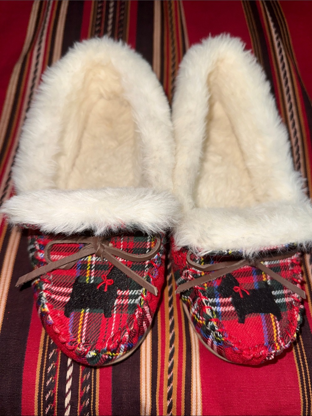 Charter Club Red Plaid Faux-Fur Lined Moccasin Slippers